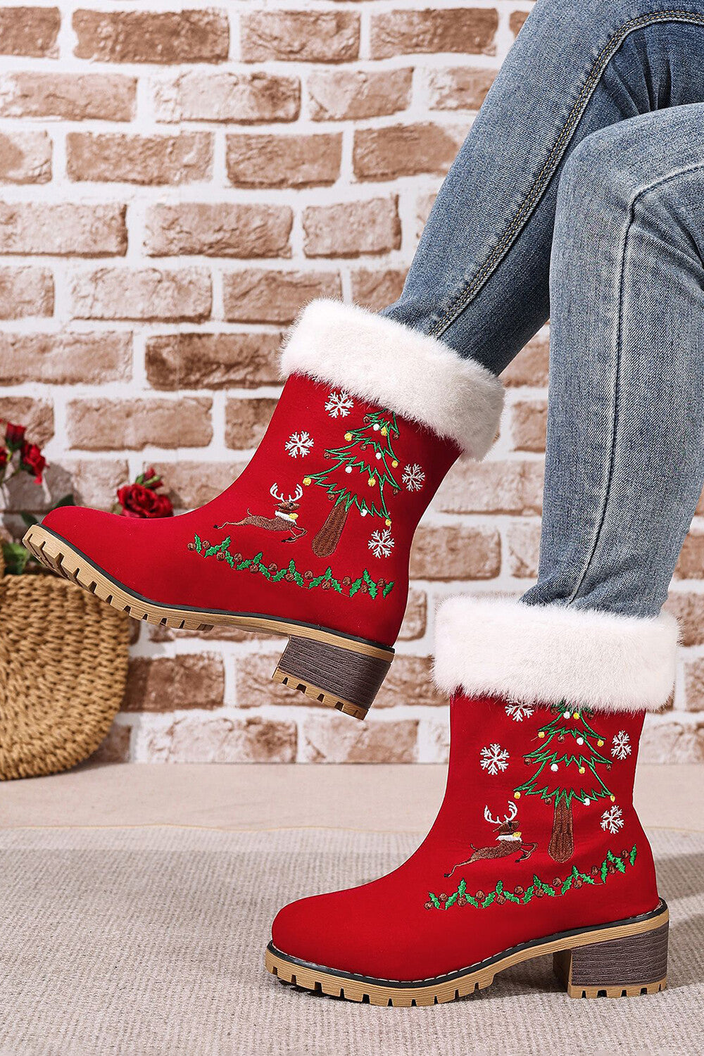 Christmas Red Reindeer Snowflake Tree Pattern Thick Heel Boots