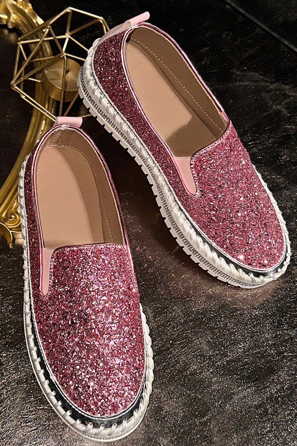 Solid Color Slip On Glitter Platform Casual Shoes